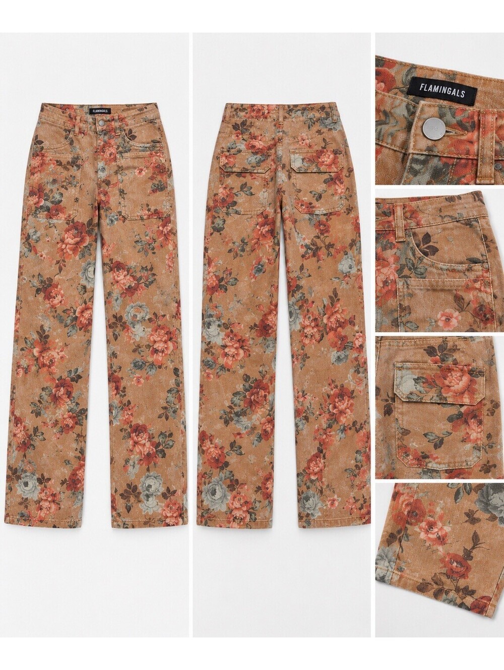Flamingals Floral Wide Leg Jeans Women’s L Tan Rose Print High Rise NWT
